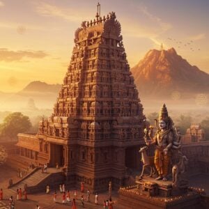 A majestic aerial view of Arunachalesvara Temple during sunrise, with the sacred Annamalai hill glowing in mystic orange-red hues behind it. The temple's massive 217-foot-tall Eastern gopuram dominates the composition, with intricate Dravidian architecture details rendered in gold and earth tones. Soft rays of divine light pierce through morning mist, creating a ethereal atmosphere. The foreground shows detailed stone carvings of Lord Shiva as Arunachalesvara with four arms, holding deer and axe in upper hands, abhaya mudra and varada mudra in lower hands, with Parvati by his side. Small devotees in traditional Tamil attire circumambulating the temple prakaram with lit oil lamps create a sense of scale. Floating mandalas and yantra patterns in subtle gold overlay the scene. The art style combines hyperrealistic architectural details with mystical Indian elements, rendered in rich maroons, deep oranges, and gold accents, with a dreamy digital finish. The lighting emphasizes the temple's spiritual energy with soft glows and lens flares.