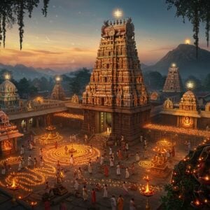 A majestic aerial view of the towering Arunachalesvara Temple gopuram illuminated by a divine golden light, with Lord Shiva's sacred fire visible atop Arunachala Hill in the background during twilight. The temple architecture features intricate Dravidian details in rich maroon and saffron hues, with traditional Tamil mandala patterns adorning the foreground. Devotees in traditional attire circumambulating the temple with oil lamps create a flowing river of light. The scene includes mystical elements like floating lotus flowers, spiral energy patterns, and ethereal smoke from yajna fires. The lighting combines warm golden temple lights with cool moonlight, creating a supernatural atmosphere. Multiple smaller shrines visible in the temple complex, with detailed stone carved sculptures of various Hindu deities. The surrounding landscape shows banyan trees with hanging roots and scattered diyas. Art style merges photorealistic architectural details with ethereal, spiritual elements, rendered in a modern digital aesthetic with deep colors and dramatic lighting. The overall composition suggests both ancient grandeur and living tradition.