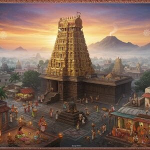 A majestic aerial view of Arunachalesvara Temple's golden-lit gopuram rising against a mystical dawn sky, with Lord Shiva's sacred fire visible atop Mount Arunachala. The foreground features intricate Madhubani-style illustrated scenes of local life: silk weavers working on colorful sarees, devotees circumambulating the temple with oil lamps, and traditional Tamil houses with kolam patterns. The scene transitions into modern cafes and shops using Pattachitra art style, showing contemporary life harmoniously blending with ancient traditions. Rich colors of deep maroon, saffron, and peacock blue dominate, with golden accents highlighting key architectural features. Ethereal light rays pierce through morning mist, creating a dreamy atmosphere. Small floating mandalas and lotus motifs frame the corners, while detailed patterns of temple architecture merge with modern street scenes. The style combines hyperrealistic digital rendering with traditional Indian art elements, creating a surreal yet inviting perspective of the temple town. Subtle glowing elements and soft pastel highlights enhance the spiritual ambiance.