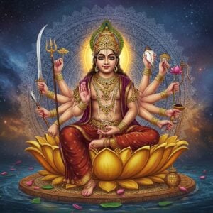 A majestic eight-armed Indian deity in serene meditation pose, seated on an ornate golden lotus throne floating above a cosmic mandala pool. Each arm holds significant items: upper right hands wielding a conch shell radiating divine sound waves, a chakra emitting golden light, a sword gleaming with celestial energy, and a lotus flower in full bloom; upper left hands holding a mace decorated with intricate patterns, a bow with divine arrows, a shield with sacred geometrical designs, and a sacred vessel containing amrit. The deity wears royal gold and maroon silk garments with detailed Madhubani-style border patterns, adorned with precious gemstone jewelry and a magnificent crown featuring peacock feathers. Behind the deity, a large circular aura combines modern gradient colors of deep blue transitioning to spiritual gold, filled with intricate Pattachitra-style patterns. Sacred geometric mandalas float in symmetrical formation around the deity, emitting soft ethereal light. The background features a mystical atmosphere with swirling cosmic energies in peacock blue and saffron hues, with subtle lotus petals floating in the air. Hyper-detailed digital art style maintaining traditional Indian art elements, cinematic lighting with emphasis on divine glow around the deity.