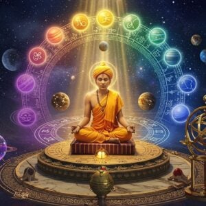 A mystical Indian astrologer in traditional golden dhoti and angavastram, seated in padmasana on an ornate marble platform, surrounded by eight concentric circles of light in different pastel hues (violet, indigo, blue, green, yellow, orange, red, and white). Each circle contains intricate Sanskrit-inspired geometric patterns and zodiac symbols rendered in Madhubani art style. Above him, a cosmic dark blue sky filled with ultra-realistic planets, stars, and constellations. Floating around him are eight glowing crystalline spheres, each containing different planetary positions. The scene is illuminated by ethereal golden light rays streaming from above. In the foreground, a large, intricate bronze astrolabe with gemstones embedded at key points. The composition includes detailed mandalas in peacock blue and gold at the corners. The astrologer's hands are positioned in chin mudra, with a soft, serene aura surrounding him. The overall scene combines photorealistic elements with traditional Indian art patterns, creating a harmonious blend of ancient wisdom and modern digital aesthetics. The lighting should be dramatic yet mystical, with emphasis on the glowing elements and metallic details.