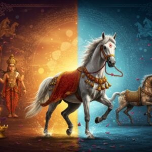 A majestic white horse in dynamic motion, adorned with traditional Indian decorations including intricate gold and red fabric draping, bells, and mirror work, emerging from a mystical portal. The portal splits into two distinct cultural realms: one side featuring ancient Indian imagery with Madhubani-style horses from Ashvamedha ceremonies, decorated with Sanskrit symbols and peacock motifs; the other side showing Norse mythology's eight-legged Sleipnir and Arabian horses with cultural patterns. The scene is rendered in rich colors - deep royal blues, burnished gold, and crimson red. Floating mandalas and sacred geometry patterns create ethereal frames. The background features a gradient from dawn to dusk, symbolizing universal timelessness. Soft glowing orbs and floating lotus petals add magical elements. The art style combines hyperrealistic horse anatomy with stylized traditional Indian art patterns, creating a surreal yet elegant composition. Dynamic lighting emphasizes the horse's powerful movement, with golden light rays emerging from behind.