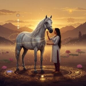 A serene Indian landscape at golden hour with a majestic white horse in the center, its mane flowing gracefully with ribbons of ethereal energy in soft pastel blues and golds. The horse stands beside a young Indian woman in a flowing white kurta, her hand gently touching the horse's neck. Around them, a mandala pattern emerges from the ground in glowing lines, incorporating traditional Ayurvedic symbols and chakra colors. The background features misty mountains with floating lotus flowers and subtle sacred geometry patterns. Soft orbs of light dance around them, suggesting healing energy. The horse's body is adorned with delicate henna-style patterns that glow with a subtle golden light. The overall scene is rendered in a harmonious blend of Madhubani art style with modern digital aesthetics, using a palette of deep maroons, peacock blues, and warm golds. The composition suggests tranquility and healing, with swirling energy patterns connecting the horse and human figure, symbolizing their therapeutic bond.