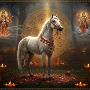 A majestic white horse with flowing mane stands proudly in a sacred grove, adorned with traditional Indian decorations including golden bells, red and saffron threads, and flower garlands. Its muscular form is rendered in the style of ancient Ajanta cave paintings but with modern digital aesthetics. The horse is surrounded by a glowing mandala pattern featuring Vedic symbols in gold and deep blue. In the background, ethereal scenes float like vintage miniature paintings showing Lord Indra on his divine horse Uchchaihshravas, with seven heads emerging from swirling clouds. The lighting is dramatic with soft golden rays filtering through sacred fig trees, creating a mystical atmosphere. The foreground features scattered lotus petals and traditional yantra patterns in deep maroon and saffron. The entire scene is framed with intricate Madhubani-style border patterns featuring horses in various mudras. The color palette combines deep traditional colors with modern metallic gold accents, creating a surreal yet culturally authentic atmosphere.