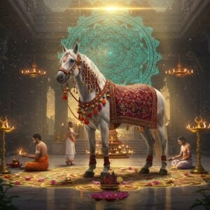 A majestic white horse adorned with traditional Indian decorations including golden bells, vibrant red and orange tassels, and intricate henna patterns on its body, standing gracefully in a contemporary temple courtyard. The horse is draped with a richly embroidered cloth featuring Madhubani-style patterns in deep maroon and gold. Behind the horse, a large modern-styled mandala floats in the air, emitting a soft ethereal glow in shades of saffron and turquoise. The courtyard features sleek marble floors with traditional rangoli patterns that emit a subtle luminescence. Two priests in contemporary white kurtas perform a ritual with sacred flames and flowers around the horse. Floating diyas and lotus flowers create a ring of light around the scene. The lighting is dramatic with golden hour sunrays filtering through ornate temple architecture, creating a perfect blend of traditional and modern elements. The background shows subtle digital elements like glowing sacred geometry patterns and floating particles in peacock blue and gold. Art style combines hyperrealistic details with mystical Indian art elements, rendered in high-quality digital illustration style with rich textures and atmospheric lighting effects.