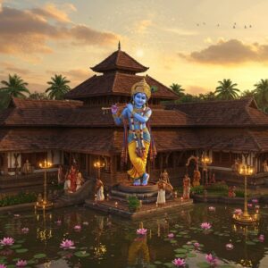 A magnificent aerial view of the Asramam Sree Krishna Swamy Temple during golden hour, rendered in a blend of traditional Kerala architecture and modern digital art style. The temple's traditional Kerala-style architecture features copper-tiled sloping roofs, intricate wooden carvings, and white-washed walls gleaming in soft sunlight. Lord Krishna stands in the center, portrayed in deep blue hue, holding his signature flute, adorned with peacock feathers, and wearing a pitambara (yellow dhoti). The temple is surrounded by lush green coconut palms and traditional Kerala lamp posts (vilakkumadam). Ethereal golden light bathes the scene, creating a mystical atmosphere with subtle lens flares. In the foreground, a serene pond reflects the temple's image, decorated with pink lotus flowers. Devotees in traditional Kerala attire circumambulate the temple. The sky features soft pastel clouds with hints of saffron and gold. Digital art style incorporates glowing mandalas and subtle sacred geometrical patterns in the background, while maintaining photorealistic architectural details. The lighting emphasizes the spiritual ambiance with warm golden rays filtering through the trees.