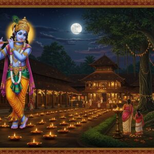 A majestic night scene of the Asramam Sree Krishna Swamy Temple illuminated by warm golden lights, featuring intricate Kerala-style architecture with sloping tiled roofs and wooden carvings. In the foreground, Lord Krishna in his classic tribhanga pose, playing the divine flute, adorned with peacock feathers, pitambara dress, and ornate gold jewelry, emanating a soft blue aura. The temple grounds show devotees performing traditional lamp offerings (deeparadhana) with rows of brass nilavilakku (traditional Kerala lamps) creating a path of golden light. Surrounding the temple are lush banyan trees with hanging roots decorated with string lights. The sky features a full moon with subtle mandala patterns, casting a mystical glow over the scene. The background includes the serene Ashtamudi Lake reflecting the temple lights. Intricate Pattachitra-style border patterns frame the scene with traditional Kerala motifs in gold and deep maroon. The overall atmosphere combines devotional tranquility with festive celebration, rendered in a contemporary digital art style with attention to traditional details.