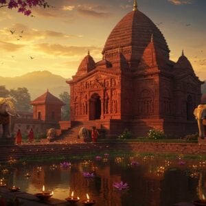 A majestic ancient Assamese temple during golden hour, featuring the distinctive beehive-shaped dome (Sikhara) of Kamakhya Temple rising against a misty Himalayan backdrop. The temple's red sandstone walls adorned with intricate Ahom-style carvings of mythological scenes and geometric patterns, highlighted by warm sunlight. In the foreground, a serene lotus pond reflects the temple's image, with floating diyas creating golden sparkles on the water. Traditional oil lamps line the stone steps leading to the temple, their flames creating a mystical ambiance. Ornate stone elephants guard the entrance, decorated with traditional Assamese motifs. Delicate prayer flags in saffron and red flutter in the breeze. The scene is complemented by blooming orchids and sacred tulsi plants in the temple courtyard. Art style combines hyperrealistic architectural details with ethereal lighting and magical atmosphere, rendered in rich, deep colors of burgundy, gold, and earth tones. Incorporate elements of both Madhubani and digital art, with intricate patterns and a dreamy, spiritual quality.