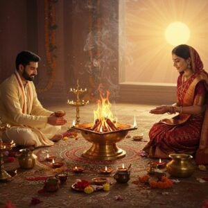 A serene indoor scene showing a traditional Indian couple performing Aupasana ritual in modern traditional attire, the husband in crisp white kurta-dhoti and wife in elegant maroon silk saree with golden border. A beautifully lit brass aupasana fire holder in the center with sacred flames rising, surrounded by intricate rangoli patterns in gold and saffron. Multiple brass deepa lamps arranged in a mandala pattern around the fire. Ethereal golden light emanates from the fire, creating a luminous atmosphere. Traditional copper and brass vessels containing water, ghee, and other ritual items arranged methodically. In the background, a large ornate window shows the rising sun with soft rays filtering through, casting sacred geometric patterns. Delicate smoke wisps form divine patterns in the air. The scene combines hyperrealistic rendering with traditional Madhubani art elements in the details. Rich colors of deep maroon, burnished gold, and sacred saffron dominate. Small floating flowers and leaves add movement. The overall composition suggests both tradition and contemporary relevance, with careful attention to ritual accuracy.