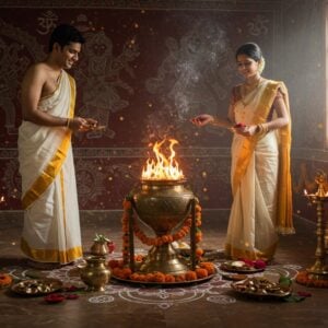 A serene indoor scene capturing an Indian couple performing Aupasana Homam, the husband and wife dressed in traditional white silk attire with golden borders. A beautifully detailed brass homa kundam in the center with sacred flames rising 2 feet high, emitting a warm golden glow. The wife is holding a copper samidha while the husband performs offerings. Intricate rangoli patterns in white and red surround the homa kundam. Small brass pots of ghee, flowers, and other ritual items arranged systematically. Smoke wisps form ethereal mandala patterns in the air. The background features hand-painted Madhubani-style wall art of vedic symbols in deep maroon and gold. Soft morning light streams through a window, creating a mystical atmosphere. The scene has a photorealistic quality with spiritual undertones, enhanced by particle effects of floating light specks. Rich colors of brass, gold, and deep reds dominate, with accents of sandalwood paste and kumkum. A few marigold flowers and tulsi leaves scattered around add organic elements to the composition.