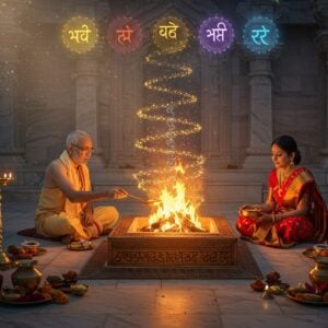 A serene evening scene showing a traditional Indian family performing Aupasana ritual around a sacred fire (agni) glowing with ethereal golden flames. The fire pit is intricately designed with traditional Vedic patterns in copper and gold. The main focus is a middle-aged Indian man in pristine white dhoti and angavastram, seated in padmasana, offering ghee into the fire with a traditional wooden spoon. His wife in a red and gold silk saree sits beside him. Sacred smoke rises in mesmerizing spirals, forming subtle Devanagari patterns that dissolve into the air. Around them float translucent, glowing mandalas containing symbolized elements - earth (yellow), water (blue), fire (red), air (white), and space (purple). The background features a grand marble temple structure with ornate pillars. Subtle rays of divine light filter through the smoke, creating a mystical atmosphere. Traditional brass lamps and copper vessels arranged systematically around the fire. The entire scene is rendered in a fusion of traditional Madhubani art style with modern digital aesthetics, emphasizing rich golds, deep crimsons, and peaceful blues. Hyperrealistic details in the fire's glow and smoke patterns, with a dreamy, spiritual quality to the overall composition.