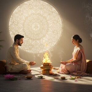 A serene indoor scene depicting a traditional Indian couple performing Aupasana ritual in a modern minimalist home setting. The husband and wife are dressed in contemporary Indian attire (cream kurta-pajama and pastel silk saree), seated on a designer brass asana. Between them is an ornate traditional brass vessel containing sacred fire, with golden flames rising spiritually upward. The fire casts a warm, ethereal glow on their peaceful faces. Surrounding them are modern interpretations of traditional elements - a sleek copper kalasha, geometric rangoli patterns in gold and saffron, and floating lotus flowers. The background features a large circular mandala window casting intricate shadow patterns, through which early morning sunlight streams in. Smoke from the sacred fire forms mystical patterns in the air, incorporating subtle Vedic symbols. The color palette combines traditional deep maroons and golds with contemporary minimalist whites and greys. The overall composition balances ancient ritual with modern aesthetic, rendered in a style merging digital art with traditional Madhubani patterns. Soft focus effect with enhanced lighting on the sacred fire.