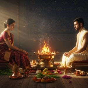 A serene indoor scene showing a traditional Indian couple performing Aupasana, with the husband and wife seated on ornate wooden seats (asanas) facing east. The wife is wearing a rich maroon silk saree with golden border while the husband wears traditional white dhoti and angavastram. Between them is an intricately designed brass aupasana agni kunda with golden flames rising, surrounded by ritual items - copper kalasha with mango leaves and coconut, small brass vessels filled with ghee, wooden samidhas, and fresh flowers. The scene is illuminated by the warm glow of the sacred fire, creating dancing shadows on their peaceful faces. Behind them is a wall adorned with Madhubani-style artwork featuring geometric patterns and lotus motifs in deep indigo and gold. Soft rays of morning sunlight filter through a nearby window, creating an ethereal atmosphere. The overall composition has a depth of field focus on the central fire altar. Art style combines hyperrealistic digital rendering with traditional Indian artistic elements, emphasizing the spiritual significance through subtle golden auras and delicate smoke patterns rising from the fire.