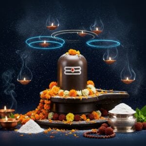 A serene, ethereal scene showing pure white vibhuti powder gracefully falling like cosmic dust against a deep midnight blue background, illuminated by soft golden light. In the center, a detailed bronze Shiva lingam adorned with fresh marigolds and jasmine garlands, with authentic vibhuti lines drawn perfectly across it. Around the lingam, three concentric rings of intricately detailed Madhubani-style mandalas float in space, glowing with subtle blue and gold energy. Small copper diyas with floating wicks create a warm ambient lighting. In the foreground, a polished silver traditional container holds pristine vibhuti, with delicate wisps of sacred smoke rising from it. Sacred rudraksha beads and fresh tulsi leaves are artistically scattered nearby. The entire scene is enhanced with detailed Indian patterns and motifs in the background, executed in a modern digital art style with high-end rendering and atmospheric lighting. The composition should have a mystical, premium quality while maintaining religious authenticity.