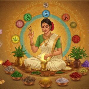 A serene Indian woman with traditional features in an elegant cream-colored silk saree performing traditional Ayurvedic healing, surrounded by a circular array of medicinal herbs and plants (tulsi, neem, ashwagandha, brahmi) in vibrant greens and golds. Her hands glow with golden healing energy as she works with brass vessels and mortar-pestle. The background features a large, intricate mandala pattern in soft saffron and turquoise, incorporating the symbols of five elements (earth, water, fire, air, ether). Floating crystal bowls containing colorful healing oils create concentric rings around her. The scene is illuminated by warm, ethereal light, with swirling trails of aromatic smoke from copper incense holders. Sacred geometry patterns merge with traditional Madhubani art style in the borders. Floating lotus flowers in pastel pink and white add depth, while subtle golden energy lines connect various elements. The overall composition suggests balance, harmony, and holistic healing with a modern, sophisticated aesthetic.