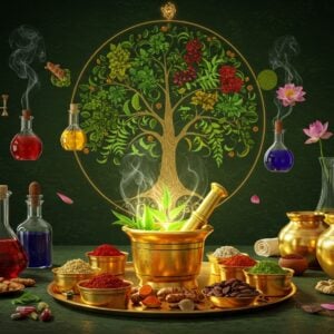 A serene Indian wellness scene with a central golden mortar and pestle containing vibrant Ayurvedic herbs (turmeric, neem leaves, ashwagandha roots) emanating a soft ethereal glow. Around it, floating glass vessels contain colorful medicinal oils in amber, emerald, and deep blue. Traditional brass spice containers arranged in a mandala pattern, filled with colorful healing powders. In the background, a stylized Tree of Life with leaves made of medicinal herbs, its trunk incorporating intricate Madhubani patterns in gold and deep maroon. Delicate tendrils of aromatic steam rise up, forming subtle sacred geometry patterns. The scene is illuminated by warm, golden light with hints of lotus petals floating in the air. Modern laboratory equipment seamlessly blends with traditional copper vessels. The color palette features deep forest greens, therapeutic golds, healing whites, and earthy browns. The style combines hyperrealistic detail with ethereal, mystical elements, rendered in a modern digital art style with traditional Indian artistic influences.