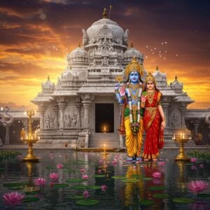 A majestic South Indian Vishnu temple with white gopuram adorned with intricate golden details against a dramatic sunset sky in deep orange and purple. Lord Vishnu stands tall in the center, four-armed, holding Sankha in upper right hand, Chakra in upper left hand, while lower right hand shows Abhaya mudra and lower left hand rests on hip. He wears a rich golden pitambara, elaborate crown with precious stones, and traditional temple jewelry. His divine consort Lakshmi stands gracefully beside him in a red silk saree with gold border. The temple architecture features ornate pillars with detailed Madhubani-style carvings of celestial beings and mythological scenes. Floating lotus flowers and subtle mandala patterns fill the foreground water reflection pool. Soft divine light emanates from behind the deities, creating a ethereal glow. Temple elephants with decorative garments stand majestically at the entrance. Style combines hyperrealistic digital art with traditional South Indian temple art elements, emphasizing rich colors of deep blue, gold, and saffron. Atmospheric lighting with lens flares and floating flower petals add magical ambience.