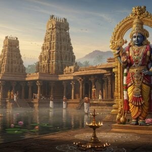 A majestic South Indian Vishnu temple complex at dawn, featuring Lord Vishnu as Azhagiya Manavalan in His divine wedding attire, adorned with golden crown, precious gems, and traditional temple jewelry. He stands in tribhanga pose with four arms - upper right holding Sudarshana Chakra, upper left holding conch shell, lower right in abhaya mudra, and lower left resting on hip. The temple architecture showcases intricate Dravidian style with multi-tiered gopuram decorated with detailed sculptures in gold and saffron hues. Foreground features a pristine temple tank with floating lotus flowers and oil lamps. Soft morning light creates a ethereal glow, with golden rays filtering through ornate pillared halls. Decorative mandala patterns and traditional kolam designs adorn the ground. Scene includes devotees in traditional Tamil attire offering prayers. Art style combines hyperrealistic digital rendering with classical Indian temple art aesthetics, emphasizing rich textures, intricate details, and spiritual ambiance. Atmospheric perspective shows misty mountains in background. Color palette focuses on deep maroons, gold, saffron, and peacock blue with accent lighting.