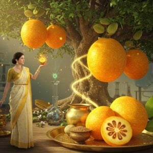 A luminous, ethereal scene featuring a majestic Bael tree with golden-orange fruits glowing like celestial orbs. In the foreground, a graceful Indian woman in a flowing ivory silk saree with golden border performs a traditional offering gesture. The Bael fruits are artistically arranged on an intricately carved brass thali adorned with mandala patterns. The scene is surrounded by floating botanical illustrations of Bael leaves and cross-sections of the fruit revealing its internal structure. Mystical streams of golden light intertwine with medicinal Ayurvedic symbols. The background features a modern laboratory setup seamlessly blending with traditional elements, suggesting scientific validation. Soft focus healing energy orbs in shades of green and gold float around. The art style combines hyperrealistic digital rendering with traditional Madhubani patterns, especially in the tree's texture. The lighting is warm and divine, creating an aura of ancient wisdom meeting modern wellness. The composition includes subtle motifs of Lord Shiva, as Bael leaves are sacred to him.