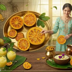 A modern Indian kitchen setting with sunlight streaming through large windows, where a beautiful Indian woman in contemporary fusion attire (pastel blue and gold silk kurta) arranges golden-hued bael fruits on a traditional brass thali. The bael fruits are artistically cut to reveal their intricate inner patterns, emanating a subtle golden glow. Surrounding the main scene are floating Madhubani-style illustrations of bael leaves and fruits in deep greens and golds. A rustic wooden table displays various modern and traditional preparations - bael sherbet in crystal glasses with mint garnish, bael murabba in copper vessels, and a modern bael smoothie bowl decorated with edible flowers. The background features delicate mandala patterns in soft saffron and turquoise, with ethereal light rays. Several whole bael fruits rest on banana leaves, their surface texture detailed and realistic. The overall composition combines traditional Indian art elements with contemporary food photography aesthetics, shot from a top-down 45-degree angle. The lighting is warm and inviting, with soft shadows and highlights that emphasize the golden tones of the bael fruit, hyperrealistic digital art style, 8k quality.