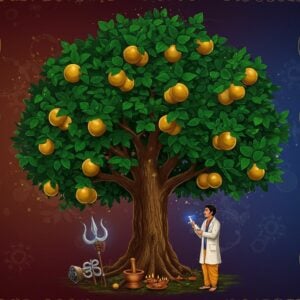 A majestic bael tree (Aegle marmelos) stands prominently in the center, its distinctive tri-foliate leaves rendered in rich emerald green with golden highlights. The tree bears perfectly spherical, ripe golden-yellow bael fruits among its branches. At its base, Lord Shiva's symbols - a silver trident and a crescent moon - rest against the trunk, casting ethereal blue light. The scene is decorated with floating mandalas and sacred geometry patterns in saffron and gold. Delicate Madhubani-style border patterns frame the composition. A young Indian botanist in modern clothing (navy blue blazer, cream shirt) studies the tree while holding scientific instruments. Multiple vignettes surround the main tree - showing medicinal uses with mortar and pestle, spiritual ceremonies with traditional lamps, and healing practices. The lighting is mystical with soft golden rays filtering through the leaves, creating a divine atmosphere. The art style combines hyperrealistic botanical illustration with traditional Indian Pattachitra elements, featuring detailed textures and glowing effects. The background shows a gradient from deep maroon to peacock blue.