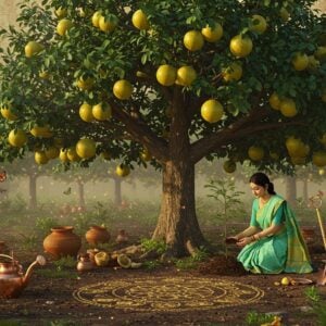 A serene garden scene with a majestic, mature bael tree as the focal point, its distinctive trifoliate leaves rendered in deep emerald green with golden highlights. The tree bears perfectly spherical, golden-green bael fruits hanging heavily from its branches. In the foreground, a graceful Indian woman in a mint green and gold cotton saree is tending to a young bael sapling, her hands gently working the rich, dark soil. The background features a soft-focus Madhubani-style pattern of swirling vines and traditional motifs in muted saffron and peacock blue. Ethereal golden light filters through the canopy, creating dappled shadows on the ground. Small floating orbs of light surround the scene, reminiscent of traditional Indian art. The composition includes traditional terracotta pots, copper watering vessels, and organic gardening tools arranged artistically. A mandala pattern in the soil suggests sacred geometry, while butterflies and native birds add movement to the scene. The art style combines hyperrealistic botanical details with mystical Indian art elements, featuring a warm color palette of earth tones, gold, and deep greens. Digital art, cinematic lighting, photorealistic textures.