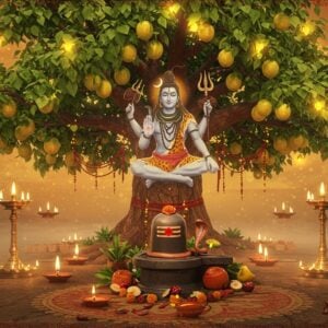 A majestic Bael tree (Aegle marmelos) with golden-glowing trifoliate leaves stands at the center, its trunk adorned with red and yellow sacred threads. Lord Shiva manifests ethereally behind the tree in meditation pose, with four arms holding trishul, damru, and showing abhaya mudra, rendered in a translucent, spiritual form. The tree bears perfectly spherical green Bael fruits with intricate Madhubani-style patterns etched on them. At the base, a decorated stone Shiva lingam with copper snake coiled around it, adorned with Bael leaves and fruits as offerings. The scene is illuminated by floating diyas and glowing golden mandalas in the background. Soft morning mist adds depth, while peacock-blue and saffron hues dominate the color palette. Traditional Pattachitra-style border patterns frame the scene, featuring small vignettes of ritual elements. The overall composition has a mystical, surreal quality with particle effects resembling spiritual energy, creating a seamless blend of traditional and contemporary digital art styles.