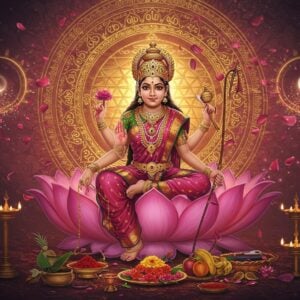 A divine ethereal scene depicting young Bala Tripura Sundari seated gracefully on a cosmic lotus throne, appearing as a beautiful 16-year-old Indian girl with luminous fair skin, wearing a rich pink and gold silk saree. Her four arms hold a sugarcane bow, five flower arrows, a noose, and a goad. She wears a radiant crown studded with navratnas, and her forehead adorned with a crescent moon. The background features a massive Sri Chakra yantra glowing in golden light, surrounded by intricate Madhubani-style patterns. Floating lotus petals and divine sparks fill the air. The color palette combines deep crimsons, celestial pinks, and molten golds. Three concentric circles of light emanate from her form. At her feet are offerings of fresh flowers, fruits, and vermillion. The scene is rendered in a harmonious blend of traditional Indian art and modern digital aesthetics, with soft ethereal lighting creating a mystical atmosphere. Subtle mandalas and sacred geometry patterns float in the background. The overall composition emphasizes both her youthful beauty and divine power.