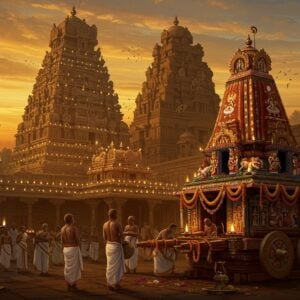 A grand ancient South Indian temple courtyard at twilight, illuminated by hundreds of traditional brass oil lamps creating a magical golden glow. In the foreground, three priests in traditional white dhotis perform an elaborate ritual around a decorated temple chariot adorned with marigold garlands and intricate Pattachitra-style paintings. The chariot features detailed wooden carvings of deities and mythological scenes, enhanced with gold leaf accents. Rising behind them, a massive gopuram with Dravidian architecture stretches toward a mystical sky filled with swirling gold and saffron clouds. Multiple layers of lit brass lamps ascend the gopuram's tiers. The scene includes devotees in traditional attire circumambulating the temple with offerings of coconuts and flowers. The atmosphere is ethereal with visible threads of incense smoke creating patterns in the golden light. The color palette focuses on deep maroons, burnished golds, and warm oranges, with highlights of peacock blue in the architectural details. The artwork style combines hyperrealistic architectural details with the flowing, decorative elements of Madhubani art, especially in depicting the ritual elements and clothing patterns.