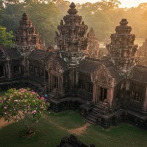 A majestic aerial view of Banteay Srei temple at golden hour, with intricate pink sandstone carvings illuminated by warm sunlight. The temple's detailed reliefs and sculptures of Hindu deities and celestial beings are rendered in stunning detail. Surrounding the temple are lush green Cambodian forests with morning mist rising. Modern elements include well-maintained pathways, subtle lighting installations, and a few respectful tourists in contemporary clothing providing scale. The scene features ornate devatas (female temple guardians) with elaborate headdresses and traditional Khmer clothing carved into the walls. The temple's famous three central towers are prominently displayed with their intricate spires reaching skyward. The lighting creates dramatic shadows that emphasize the detailed carvings. In the foreground, a blooming frangipani tree adds a touch of natural beauty. The artwork style combines photorealistic architectural details with ethereal lighting effects, rendered in a cinematic 8K resolution with ray tracing effects. The color palette focuses on the distinctive pink sandstone, deep greens of the jungle, and golden sunlight, creating a magical and inviting atmosphere.