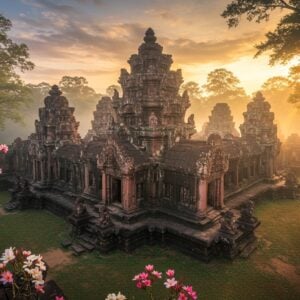 A majestic aerial view of Banteay Srei temple at golden hour, the pink sandstone structure glowing with warm light, intricate classical Khmer carvings visible in stunning detail. The temple's central towers rise against a dreamy sky filled with soft pink and golden clouds. In the foreground, sacred devatas (female divinities) are expertly carved in the distinctive pink sandstone, their traditional Khmer costumes and jewelry rendered in incredible detail. Lush tropical vegetation surrounds the temple, with frangipani trees dropping delicate white and pink flowers. Soft morning mist hovers near the ground, creating an ethereal atmosphere. The scene is rendered in a photorealistic style with magical lighting, emphasizing the ornate architectural details and the unique pink hue of the sandstone. Ancient banyan trees frame the edges with their twisted roots, while golden sunbeams pierce through the morning fog, highlighting the temple's perfectly preserved reliefs and sculptures. The lighting captures the interplay of light and shadow on the intricate carvings, showcasing the temple's nickname as the "Citadel of Women."