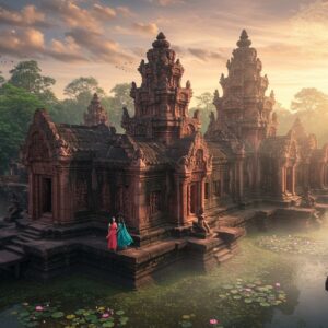 An ethereal aerial view of the pink sandstone Banteay Srei temple complex at sunrise, with intricate Khmer carvings detailed in deep relief shimmering in golden morning light. The temple's central towers rise majestically, surrounded by dense emerald jungle. In the foreground, two elegant Indian women in flowing contemporary Indian attire (one in coral pink saree, another in teal palazzo suit) explore the premises. Delicate lotus flowers float in the moat surrounding the temple. The scene features mystical morning mist, with rays of sunlight filtering through, creating a dreamy atmosphere. Ancient devatas (female divine beings) carved on the temple walls appear to come alive with a subtle golden glow. The temple's famous pediments depicting Ramayana scenes are shown in exquisite detail. Modern sustainable walkways and viewing platforms blend seamlessly with the ancient architecture. The composition includes Tamil-style mandala patterns in the sky, merging with cotton-candy clouds. Soft, ethereal lighting emphasizes the temple's reddish-pink hue while maintaining the mystical, spiritual ambiance. Style: photorealistic digital art with magical realism elements, deep rich colors, and sharp architectural details.
