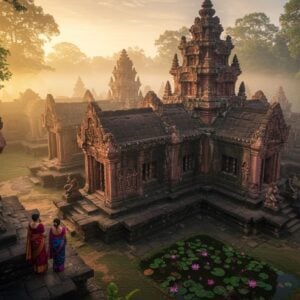 A breathtaking aerial view of the pink sandstone Banteay Srei temple complex in Cambodia, intricately detailed with deep carved reliefs in traditional Khmer style. The temple glows in warm golden sunrise light, with morning mist swirling around its spires. In the foreground, two elegant Indian women in traditional silk sarees (one in deep maroon, one in peacock blue) admire the temple's famous devata carvings. The scene features highly detailed architectural elements showing the temple's famous narrative reliefs of Ramayana scenes, with emphasis on the ornate door frames and pediments. Mystical lotus flowers float in the temple's reflection pools, their petals catching the dawn light. The surrounding landscape shows lush tropical foliage in deep emerald greens, with ancient banyan trees framing the temple. The artwork style combines hyperrealistic architectural details with ethereal lighting effects, magical realism, and elements of traditional Madhubani art in the decorative patterns. The atmosphere is serene and mysterious, with hints of golden light rays piercing through the morning mist, creating a dreamy, spiritual ambiance.