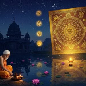 A serene nighttime scene showcasing a magnificent golden Bengali almanac floating in the sky, decorated with intricate Madhubani-style borders featuring zodiac symbols and Hindu deities. Below, an elderly Bengali priest in traditional dhoti and uttariya studies the almanac's reflection in a sacred pond surrounded by floating lotus flowers and diyas. The water surface mirrors the cosmic arrangement of stars and planets. In the background, a traditional Bengali temple architecture with curved Bengal-style chala roof silhouetted against a deep indigo sky filled with constellations and a crescent moon. Ethereal golden light emanates from the almanac, illuminating sacred symbols like Om, swastika, and Bengali numerical figures floating in the air. The scene incorporates traditional Bengali motifs like the kantha stitch patterns and alpana designs glowing with a soft, mystical aura. The color palette focuses on deep blues, rich golds, warm oranges from the diyas, and subtle touches of pink from the lotus flowers. The overall composition should blend photorealistic elements with surreal, spiritual aesthetics, creating a dreamlike quality that emphasizes the timeless nature of the Bengali calendar.
