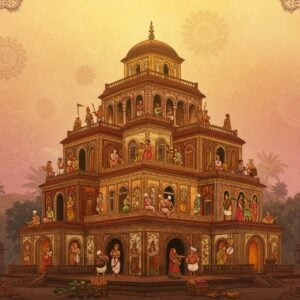 A grand multi-tiered Bengali temple architecture in warm golden light, with four distinct levels representing the traditional caste hierarchy, each level adorned with intricate Pattachitra-style paintings and Bengali architectural motifs. On each level, detailed vignettes show people in traditional Bengali attire (dhoti, kurta, saree) engaged in their traditional occupations - scholars with manuscripts on top level, warriors and administrators on second, merchants and craftsmen on third, and laborers and artisans at the base. The temple structure is surrounded by a mystical aura with floating mandalas and lotus patterns in deep maroon, saffron, and peacock blue. Modern elements include subtle electric lights illuminating each tier, contemporary clothing details mixed with traditional wear, and a ethereal digital gradient background in pastel pink and gold. The scene is framed by Bengali alpana patterns and features Bengali cultural symbols like the red-bordered white saree, terracotta temple art, and traditional musical instruments. The lighting creates a dimensional effect, with each tier casting intricate shadows, while golden rays filter through, creating a harmonious blend of past and present.