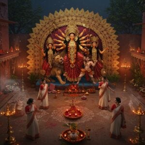 A stunning aerial view of a traditional Bengali household's courtyard during Durga Puja, featuring a magnificent handcrafted pandal with intricate Madhubani-style patterns in gold and deep red. A large clay Durga idol in traditional Bengali style shows the goddess with her four children - Lakshmi, Saraswati, Ganesh, and Kartik. The goddess has ten arms holding traditional weapons, riding a lion, slaying Mahishasura. In the foreground, Bengali women in white sarees with red borders perform dhunuchi dance, creating swirling patterns of incense smoke. The scene includes elements like alpana floor art with intricate Bengali motifs, brass utensils for puja, and marigold garlands. The lighting is warm and golden, with oil lamps creating a mystical atmosphere. The backdrop features a Bengali-style architecture with terracotta decorations and a large banyan tree adorned with decorative lights. Art style combines hyperrealistic digital art with traditional Bengali pat painting elements, emphasizing rich colors like deep crimson, royal blue, and burnished gold. The overall composition creates a harmonious blend of spirituality, culture, and celebration.