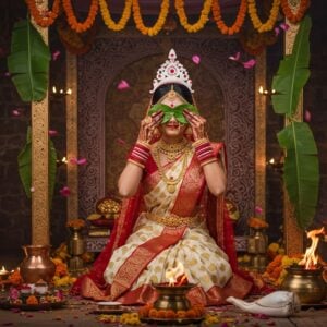 A stunning Bengali bride in a traditional red and white Garad silk saree with intricate golden border, wearing shakha-pola (red and white bangles), alta on hands, and elaborate gold jewelry including nokful, sita haar, and jhumkas. She's performing the 'subho drishti' ritual, looking through pierced betel leaves with a serene smile. Behind her, a geometrically arranged traditional Bengali wedding setup with brass artifacts, featuring a decorated mandap adorned with marigold flowers and banana leaves. The background showcases intricate Madhubani-style patterns in gold and maroon, merged with modern minimalist design elements. Soft evening light filters through the mandap, creating a dreamy atmosphere with floating lotus petals. The scene includes subtle elements like a copper kalash, conch shell, and sacred fire in brass containers. The color palette focuses on traditional Bengali wedding colors - red, white, and gold, with accent touches of royal blue and deep green from the banana leaves. The art style combines photorealistic details with ethereal Indian artistic elements, floating mandalas, and a soft golden glow throughout the scene. Hyperdetailed, cinematic lighting, 8K quality