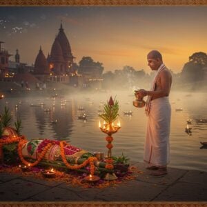 A solemn Bengali Hindu priest in traditional white dhoti and angavasram performing last rites at twilight, standing near a beautifully decorated bamboo bier (arthi) adorned with marigold garlands and tulsi leaves. The priest holds a copper kalash with Ganga jal in one hand and sacred puja items in another. Behind him, a serene Ganges riverbank with floating diyas and flower petals creating golden reflections on the water. Traditional Bengali architectural elements like terracotta temples blend with modern minimalist structures in the background. Soft, ethereal mist rises from the river, creating a dreamlike atmosphere. The scene is illuminated by warm amber lighting from oil lamps and the setting sun, casting long shadows. Intricate Madhubani-style border patterns frame the scene, featuring symbolic elements like the banyan tree and conch shell in gold and saffron hues. The overall mood is peaceful and dignified, with a color palette of whites, golds, deep oranges, and subtle blues. Photorealistic digital art style with magical realism elements.