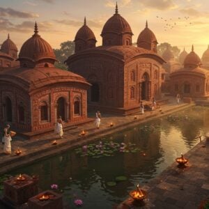 A majestic aerial view of a traditional Bengali temple complex at sunset, featuring intricate terracotta architecture with curved Bengali-style chala roofs and multiple spires. The central temple has detailed carved panels depicting scenes from Hindu epics. The foreground shows a serene water body with floating lotus flowers and traditional clay oil lamps. Devotees in traditional Bengali attire (women in white sarees with red borders, men in dhoti-kurta) walking along stone pathways lined with ancient banyan trees. Golden evening light illuminates the scene, creating dramatic shadows and highlighting the ornate temple details. Soft mist rises from the water, giving an ethereal quality. The scene is decorated with traditional alpana patterns on the ground, brass temple bells, and incense smoke swirling in the air. Art style combines hyperrealistic architectural details with ethereal lighting and mystical elements, featuring a color palette of deep reds, burnt orange, gold, and peaceful blues. The atmosphere captures both historical grandeur and living spirituality, with intricate Madhubani-inspired patterns integrated into the temple architecture.