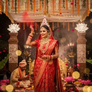 A stunning Bengali bride in a traditional red Benarasi saree with intricate gold zari work, wearing a elaborate gold mukut crown and iconic red-white Bengali bangles (shakha-pola). Her hands adorned with intricate alta designs, wearing heavy gold jewelry including nath and choker. She's performing the auspicious sindoor khela ritual, joyfully sprinkling vermillion powder in the air. Behind her, a grand traditional Bengali wedding mandap decorated with marigold garlands, red lotuses, and banana leaves. The mandap features carved wooden pillars with traditional Bengali alpona patterns. Soft evening light filters through sheer fabric drapes, creating a dreamy atmosphere. Modern LED installations shaped like lotus flowers add contemporary elegance. In the background, glimpses of other Bengali wedding rituals - the groom in traditional dhoti-punjabi with topor, sacred fire, conch shells, and ululation. The scene combines Madhubani-inspired patterns with modern digital art techniques, featuring rich colors of deep red, royal gold, ivory, and burgundy. Ethereal golden bokeh effects and floating flower petals add magical elements to the composition. The overall style merges traditional Bengali wedding aesthetics with contemporary artistic flair.