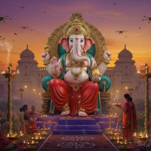 A majestic Lord Ganesha idol in pure white marble, adorned with rich gold ornaments and a red silk dhoti, seated on an intricately carved throne against Bangalore's iconic Vidhana Soudha silhouette at twilight. The four-armed deity holds a lotus, modak, broken tusk, and ankusha. The scene features modern LED lighting creating a divine halo, with floating digital mandalas and traditional rangoli patterns merging seamlessly. Traditional brass lamps and contemporary light installations illuminate the foreground. Devotees in modern Indian attire perform aarti with brass plates decorated with marigold flowers and diyas. Soft drone lights twinkle in the purple-orange sky, while eco-friendly clay Ganesha idols of various sizes line the pathway. The art style combines hyperrealistic 3D rendering with traditional Mysore painting techniques, featuring rich jewel tones of emerald, royal purple, and burnished gold. Ethereal smoke from camphor and incense creates a mystical atmosphere, with floating lotus petals and modern festival decorations blending seamlessly with traditional elements.