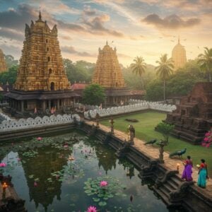 An ethereal aerial view of ancient Sri Lankan temples nestled in lush tropical landscapes, with the majestic Munneswaram temple complex as the focal point in golden morning light. Multiple ornate gopurams with intricate Dravidian architecture rise above emerald coconut groves, their reflections shimmering in sacred temple ponds decorated with pink lotus flowers. A winding path connects the temples, lined with traditional oil lamps and flowering frangipani trees. In the foreground, two traditionally dressed Sri Lankan women in vibrant silk sarees (one in deep purple, one in turquoise) walk along the path carrying brass offerings. The scene features mystical elements with soft glowing halos around the temple spires, delicate morning mist, and peacocks displaying their feathers near ancient stone steps. The color palette combines rich golds, deep maroons, and peaceful teals with touches of sunrise pink in the sky. The art style merges photorealistic architectural details with ethereal Madhubani-inspired patterns in the sky and water, creating a harmonious blend of traditional and contemporary aesthetics. Rays of divine light filter through clouds, casting sacred geometric shadows across the temple grounds.