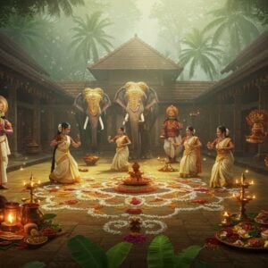 A stunning tableau of Kerala's Onam celebrations in a dreamy, ethereal setting. A grand traditional Kerala-style courtyard with intricate kolam patterns of white and orange flowers forming an elaborate pookalam in the center. Traditional brass oil lamps (nilavilakku) line the scene, their flames casting a warm golden glow. In the background, a magnificent elephant adorned with gold nettipattam stands majestically. Women in cream and gold Kerala kasavu sarees perform the graceful Thiruvathira dance in a circle around the pookalam, their long black hair adorned with fresh jasmine flowers. The scene includes a traditional banana leaf feast (onasadya) with brass serving vessels. Kathakali dancers in vibrant costumes and elaborate headgear perform in one corner, while Mohiniyattam dancers in white and gold costumes grace another. The lighting is soft and ethereal, with rays of golden sunlight filtering through banana leaves. The art style combines traditional Kerala mural art elements with modern digital aesthetics, featuring rich colors like deep greens, mustard yellows, and burnished golds. The scene is framed by coconut palms and traditional Kerala architecture with sloped terracotta roofs and wooden pillars, all rendered in a dreamy, atmospheric style with subtle magical realism.