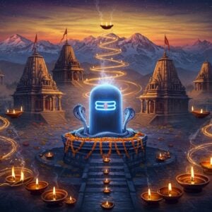 A mystical scene depicting multiple ancient Shiva temples emerging from a cosmic swirl of deep indigo and gold energy, each temple uniquely designed with intricate Nagara architecture. In the foreground, a massive crystalline Shivalinga radiates ethereal blue light, adorned with traditional brass snake motifs and fresh marigold garlands. Surrounding the temples are floating lotus flowers in metallic copper and silver, creating a mandala pattern. The background features the Himalayas with snow-capped peaks bathed in surreal twilight colors. Multiple small oil lamps float in spiral patterns, their flames creating golden trails in the air. Sacred symbols like trishuls and rudraksha beads are subtly woven into the temple architecture. The scene is rendered in a fusion of traditional Madhubani art style with modern digital techniques, using a color palette of deep blues, burnished gold, saffron, and silvery white. Smoke from burning incense creates mystical patterns in the air, while water from an unseen source cascades down the temple steps, reflecting the ethereal light.