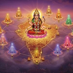 A magnificent aerial view of a sacred map of India illuminated by divine golden light, showing multiple Shakti Peethas as glowing points of spiritual energy. Each Peetha radiates a unique color aura - crimson, saffron, deep blue, and emerald. In the center, a photorealistic representation of Goddess Sati in meditative pose, adorned with intricate gold jewelry and a deep red silk saree, floating above a giant lotus made of light. Her four hands hold traditional symbols - a lotus, a bell, a trident, and a sacred text. Around her, intricate Madhubani-style mandalas spiral outward, connecting different Peethas with threads of ethereal light. The scene is enriched with floating flower petals, sacred symbols, and swirling energy patterns in gold and silver. The background features a gradient of dawn colors - deep purple merging into pink and golden hues. Small details include miniature temples at each Peetha point, rendered in traditional Pattachitra style but with modern, glowing elements. Mystical mist surrounds the edges, creating a dreamlike atmosphere. The artwork should blend photorealistic elements with traditional Indian art patterns, maintaining a modern, digital aesthetic with high-end rendering and atmospheric lighting.