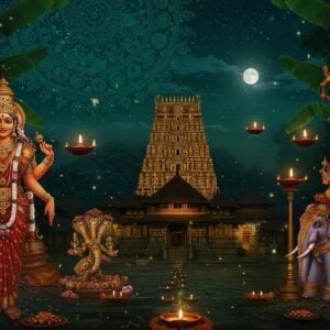 A mystical nighttime scene of ancient Thrissur, with the majestic Vadakkumnathan Temple illuminated by moonlight at the center, its traditional Kerala architecture detailed in gold and copper tones. In the foreground, an ethereal representation of Paramekkavu Bhagavathy as a divine female figure in flowing red and gold attire, emanating a soft spiritual glow. Around her, intricate Madhubani-style illustrations show snippets of local folklore - a golden Yakshi near a magical peepal tree, the mythical serpent guardian of Vilangan Hills, and the legendary elephants of Thrissur Pooram decorated in traditional regalia. The sky features a mandala-like pattern of stars forming traditional Kerala mural art motifs. Floating oil lamps and fireflies create points of magical light throughout the scene. The overall composition blends surreal elements with photorealistic textures, using a color palette of deep blues, burnished golds, emerald greens, and rich crimsons. The scene is framed by stylized banana leaves and temple architecture elements, creating a window-like effect into this mythical world.
