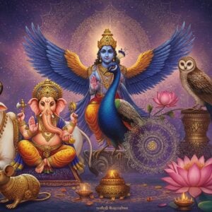 A majestic scene featuring Ganesha's vahana (mouse) and Kartikeya's peacock in the foreground, rendered in intricate Madhubani-inspired patterns with modern digital aesthetics. Behind them, Vishnu's Garuda soars against a cosmic background with swirling golden mandalas. Nandi the bull stands regally to one side, adorned with traditional decorative patterns and bells. Goddess Lakshmi's owl perches on a blooming lotus branch, emanating wisdom. The composition features rich jewel tones - deep peacock blues, royal purples, and burnished golds. Soft ethereal light bathes the scene, creating a mystical atmosphere. Sacred geometric patterns and traditional Indian motifs frame the animals. Each animal is detailed with intricate patterns inspired by traditional Indian art but executed with modern digital precision. The background features subtle sacred symbols and flowing spiritual energy in pastel pinks and blues. Highly detailed, 8k resolution, cinematic lighting, photo-realistic texturing with artistic Indian elements.