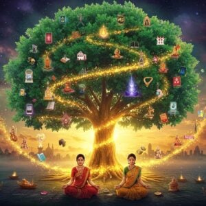 A majestic, ethereal Kalpavriksha tree with a luminescent golden trunk and emerald-green leaves floating in a cosmic space, each leaf containing miniature manifestations of different desires - modern gadgets, traditional symbols, and spiritual motifs. The tree's branches extend infinitely, adorned with glowing Sanskrit symbols and contemporary wishes materializing as golden sparks. At its base, a young Indian woman in modern business attire sits in meditation alongside another in traditional silk saree, both bathed in divine light emanating from the tree. Floating jewelery, books, homes, and spiritual symbols emerge from the tree's aura in a magical swirl. The background features a blend of modern city skyline and ancient temple architecture, connected by flowing rivers of golden light. The scene incorporates Madhubani-style patterns in the tree's details, while maintaining a modern digital art aesthetic with deep peacock blues, cosmic purples, and radiant gold colors. Surreal glowing orbs and mandalas float around the tree, creating an atmosphere of divine manifestation. The entire image should have a dreamy, sophisticated quality with high-end digital art finish, emphasizing both traditional spirituality and contemporary relevance.