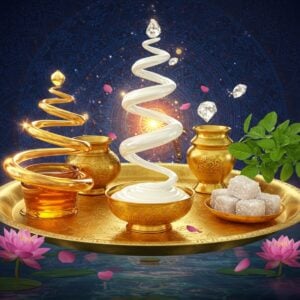 A magnificent golden platter adorned with intricate Madhubani patterns, floating above a serene lotus pond, displaying the five sacred ingredients of Panchamrita - honey glowing with amber luminescence, fresh yogurt swirling in pristine white, pure ghee with golden ripples, sugar crystals sparkling like diamonds, and sacred basil leaves emanating a subtle green aura. Each ingredient creates ethereal spiral patterns in the air, intertwining with each other in a cosmic dance. The scene is illuminated by soft, diffused light creating halos around the ingredients. In the background, a large, ornate mandala in deep peacock blue and saffron patterns radiates spiritual energy. Delicate flower petals and sacred geometrical patterns float in the space around the platter. The composition should blend photorealistic textures with surreal elements, incorporating both traditional Indian art motifs and modern digital aesthetics. The lighting should create a mystical atmosphere with warm golden undertones and subtle rainbow refractions.