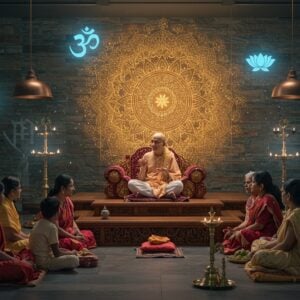 A dignified Indian Pandit in traditional white dhoti and angavastram with a peaceful expression, seated on an ornate wooden platform in a modern glass-and-stone temple interior. He's surrounded by a diverse group of Indian families - young and old, gathered in a semi-circle, engaged in animated discussion. The Pandit's hands are gesturing warmly, teaching. Behind him, a large intricate mandala pattern in gold and saffron glows softly on a contemporary stone wall. Floating spiritual symbols in gentle blue light hover in the air - Om symbols, swastikas, and lotus flowers. The scene is illuminated by both modern pendant lights and traditional brass diyas, creating a warm, ethereal atmosphere. The color palette combines traditional deep maroons and ochres with modern metallic accents. In the foreground, there's a sleek meditation area with brass bells and contemporary prayer cushions. The art style merges Madhubani patterns in the details with modern digital art techniques, emphasizing both tradition and progress. The lighting should be soft and dramatic, highlighting the community gathering aspect while maintaining a spiritual ambiance.